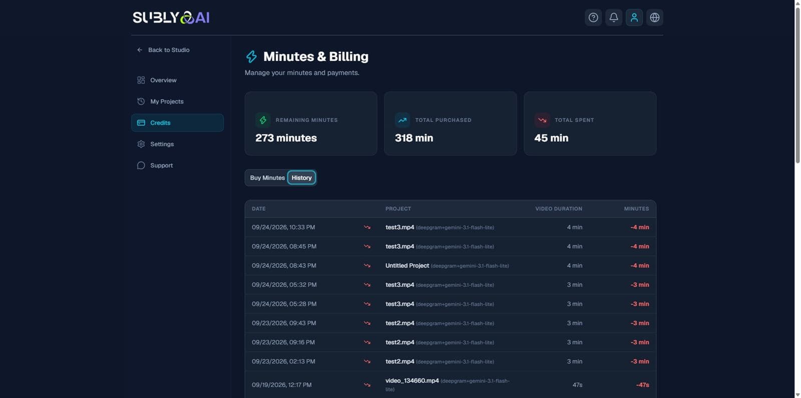 Minutes and billing page: minute packages and payment history
