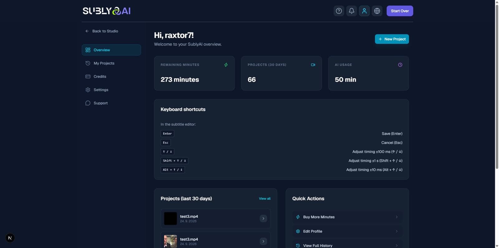 Dashboard overview: statistics, quick actions and recent projects