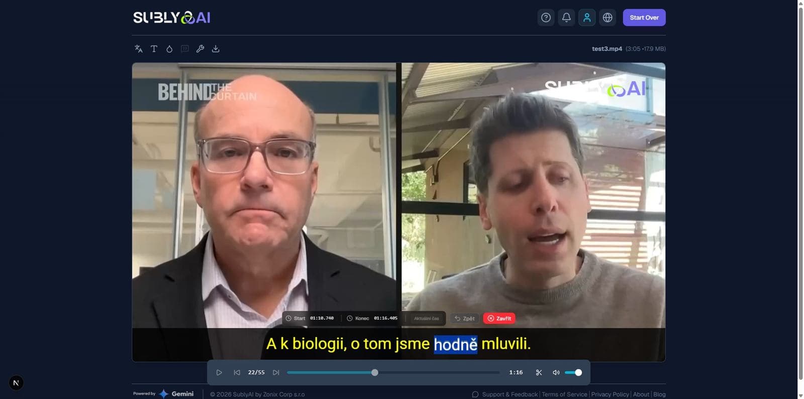 Inline WYSIWYG editor positioned exactly over a subtitle on the video