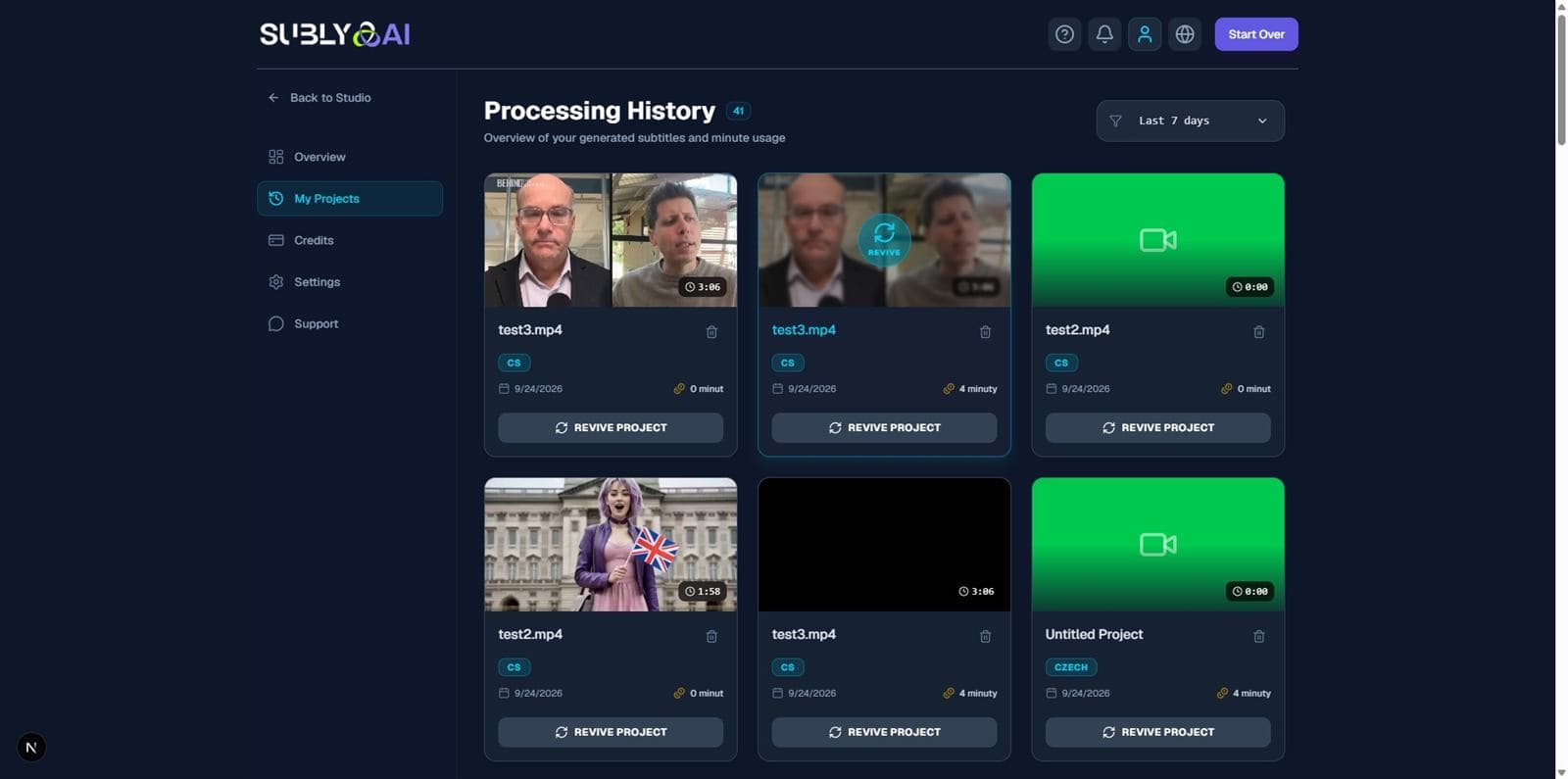 Projects grid with thumbnails, status badges and revive buttons