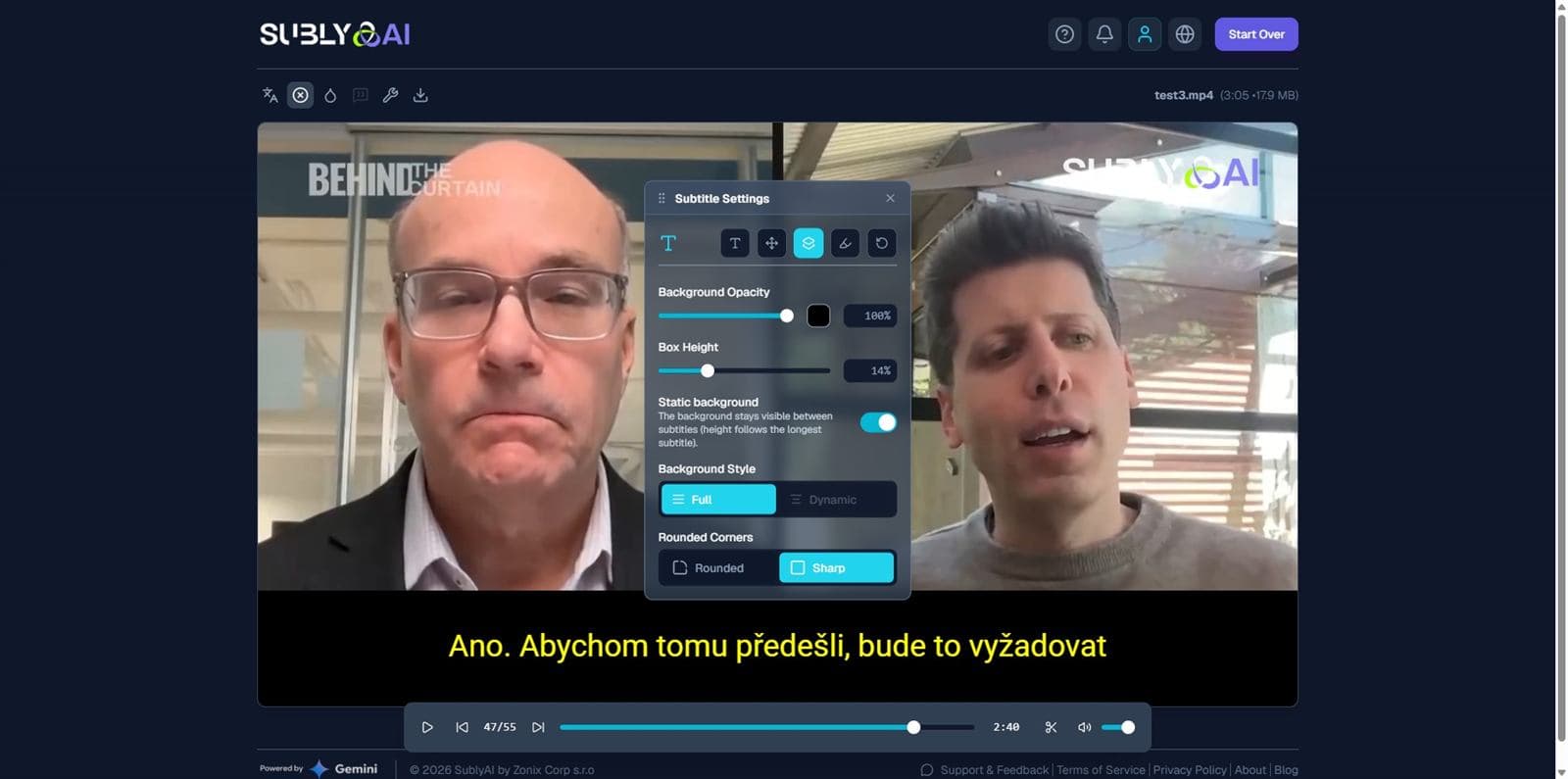 The same video with static background covering the burned-in subtitles