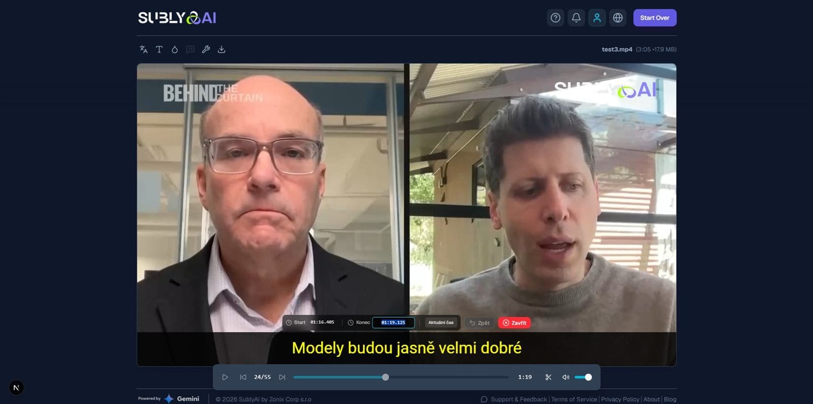 Timeline with red playhead and the subtitle list on the left